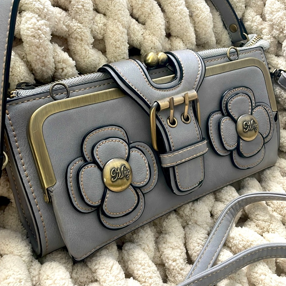 Gray gold Flower power mini clutch shoulder purse boho gold grey leather rare